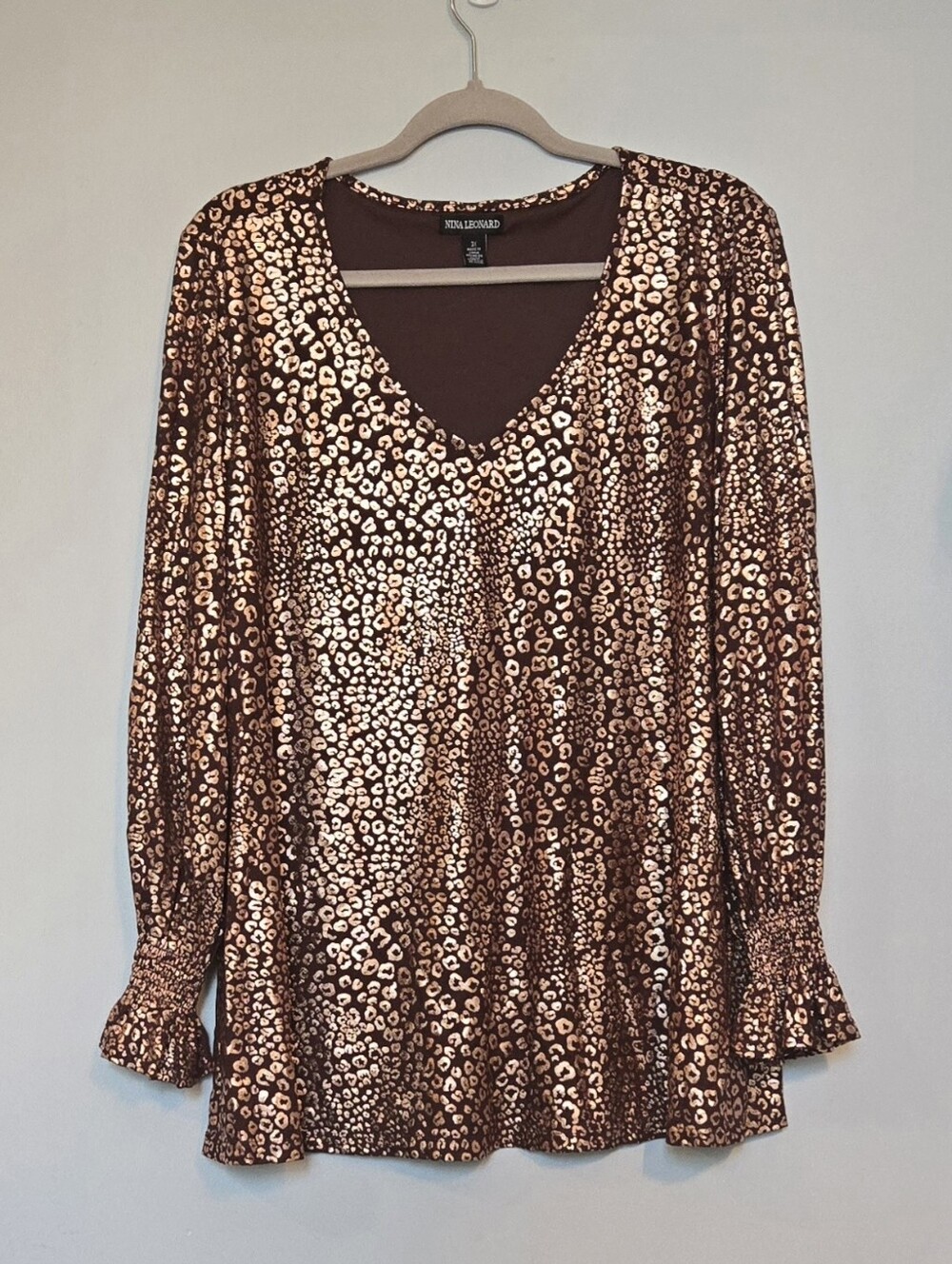 Nina Leonard Brown Top with Gold Leopard Trim  size 3X